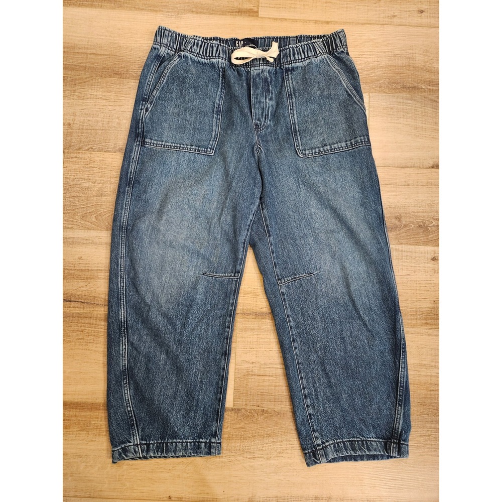Gap Women's L Pull-On Barrel Jeans Medium Wash Elastic Waist Ankle Denim